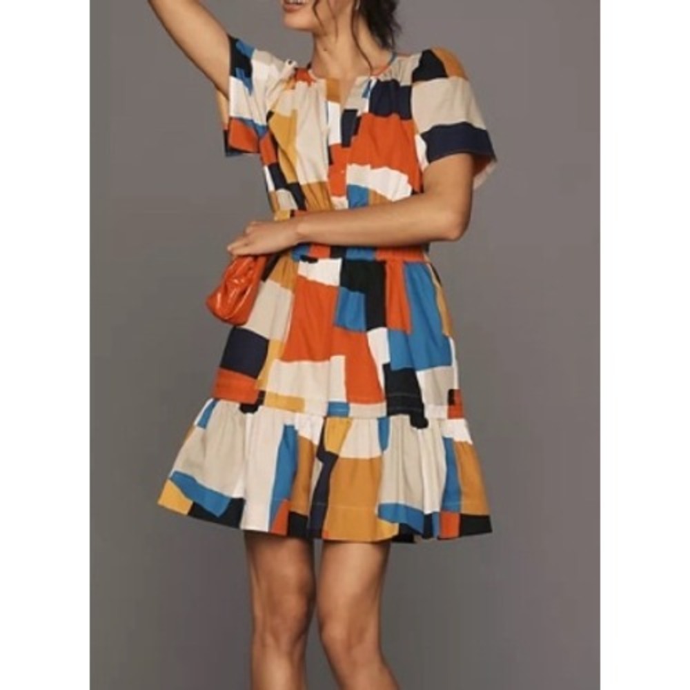 Anthropologie The Somerset Mini Dress Geometric Colorblock Cotton Large